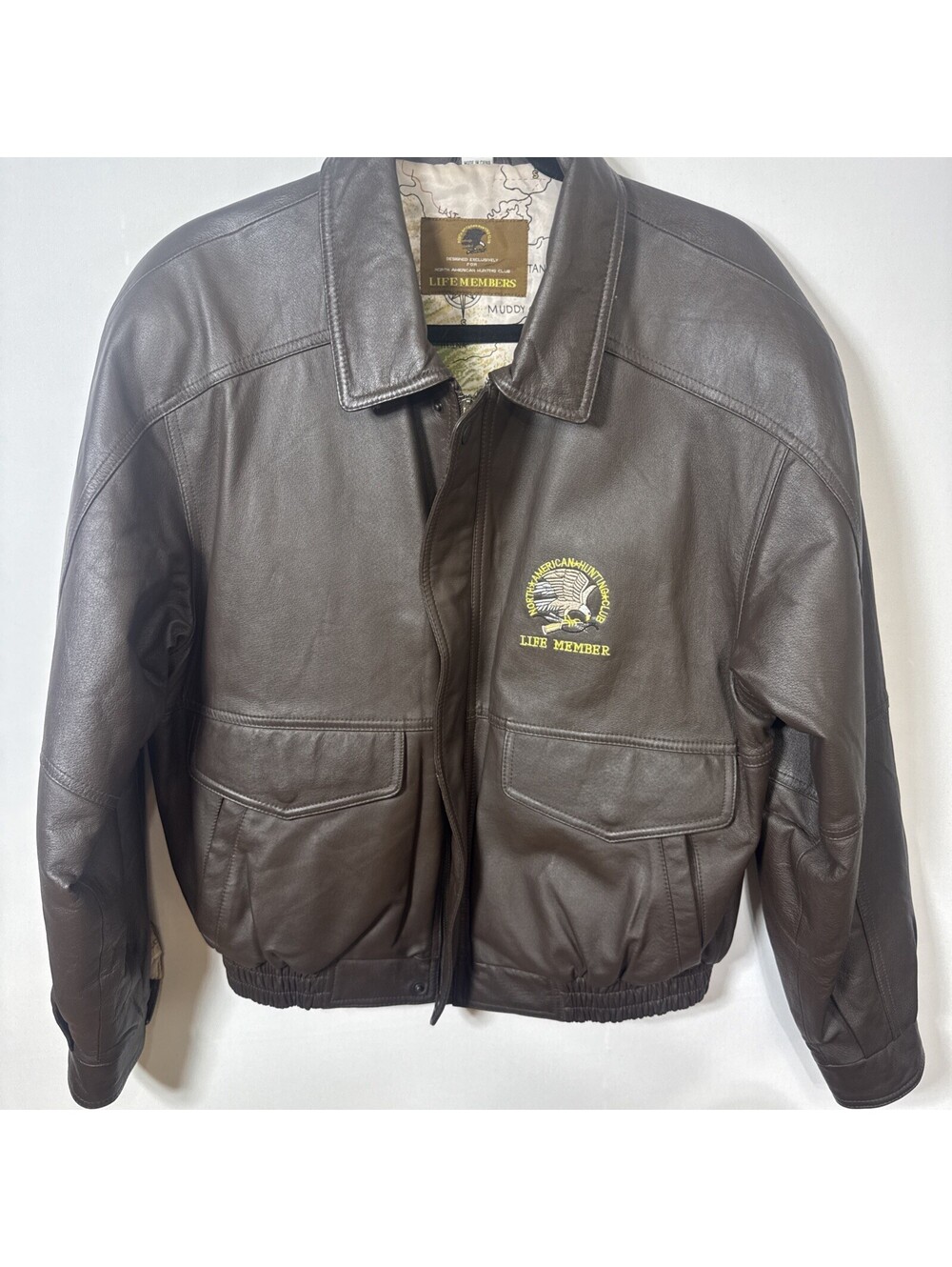 Vintage North American Hunting Club Life Member Leather Bomber Jacket Medium Map